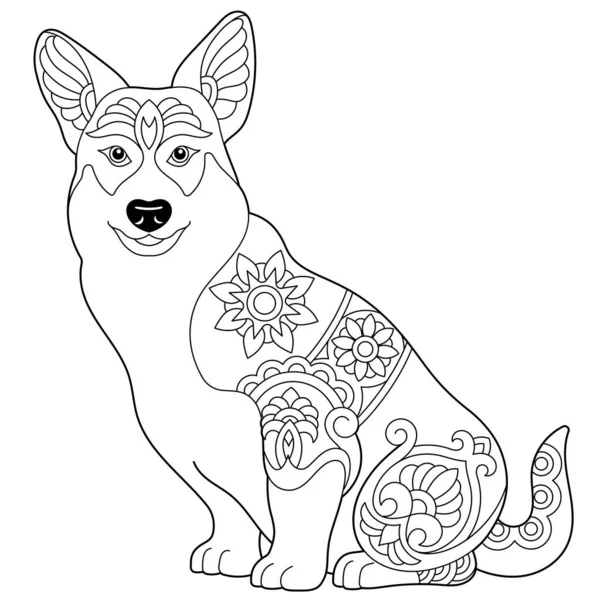 Şirin Pembroke Galli Corgi Köpeği Mandala Tarzında Yetişkin Boyama Kitabı — Stok Vektör