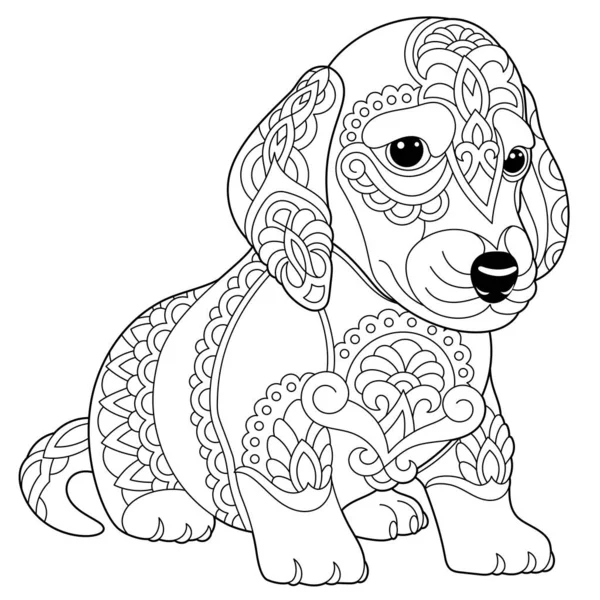 かわいいダックスフンド犬 曼荼羅図の大人の彩色本ページ — ストックベクタ