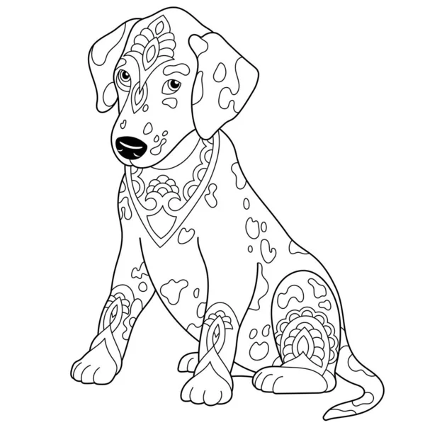 Cute Friendly Dalmatian Dog Adult Coloring Book Page Mandala Style — Stock Vector