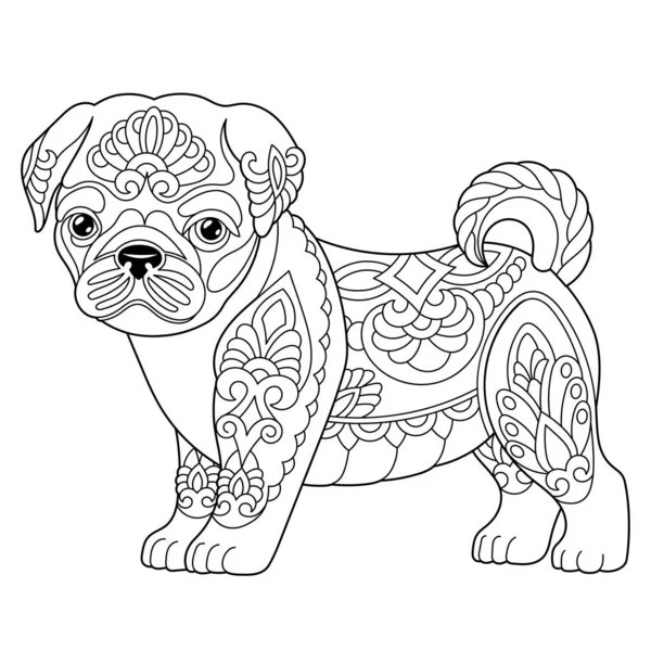 Cute Pug Dog Adult Coloring Book Page Mandala Style — Stock Vector