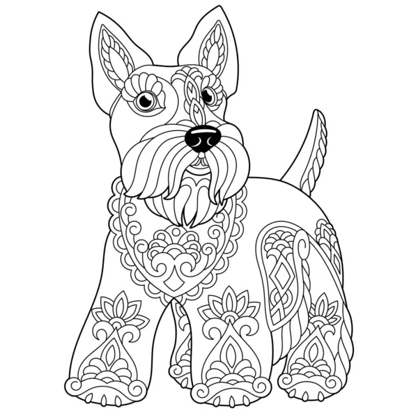 Cute Scottish Terrier Dog Adult Coloring Book Page Mandala Style — Stock Vector