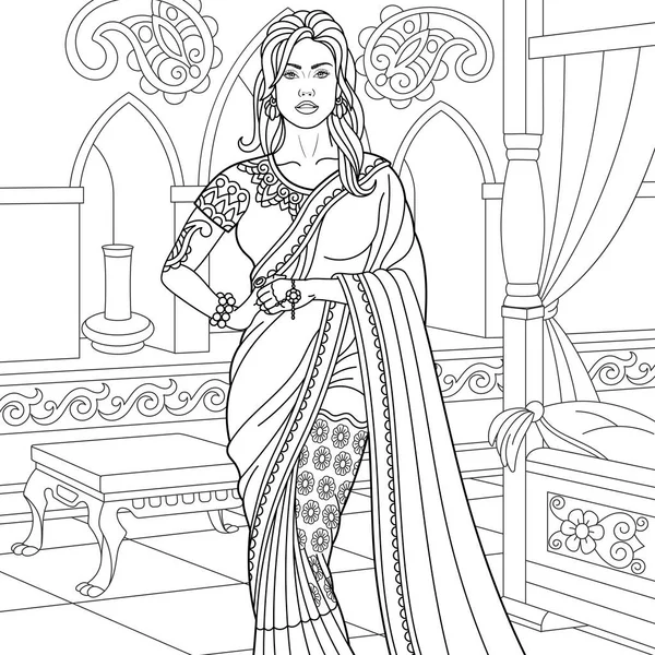Портрет Красивой Индийской Девушки Книга Раскраски Взрослых Мандальском Стиле — стоковый вектор