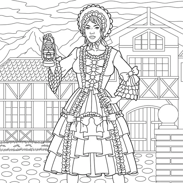 Schöne Frau Vintage Kleid Mit Laterne Erwachsene Malbuchseite Mandala Stil — Stockvektor