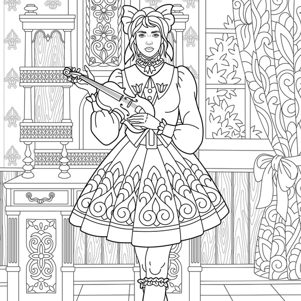 Милая Девушка Играет Скрипке Книга Раскраски Взрослых Мандальском Стиле — стоковый вектор