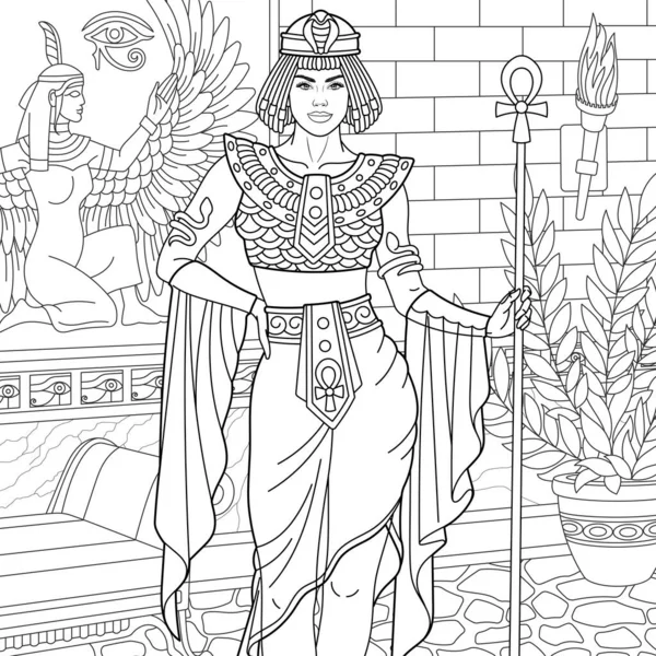 Portret Pięknej Egipskiej Kobiety Kolorowanki Dla Dorosłych Strona Stylu Mandala — Wektor stockowy