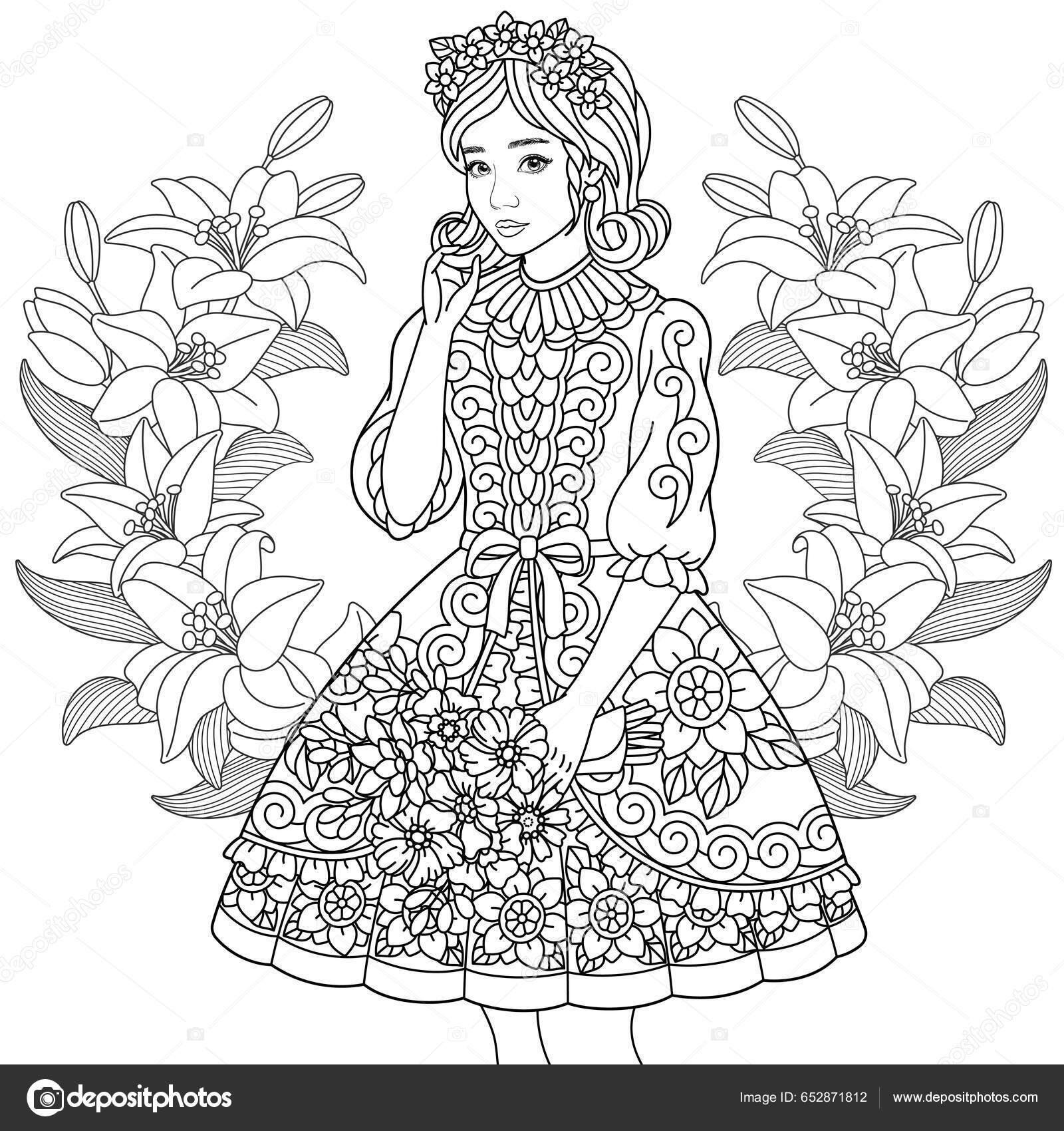 Fundo Uma Página Para Colorir Adulta Com Uma Menina Em Flor E