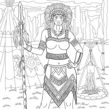 Güzel Amerikan yerlisi kadın. Mandala ve zentangle elementleriyle yetişkin boyama kitabı sayfası