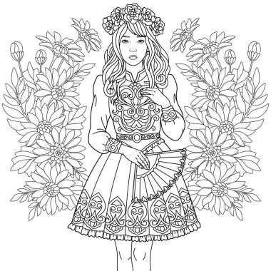 Güzel genç kız ve papatya çiçekleri. Arka planda çiçek çelengi olan yetişkin boyama kitabı sayfası