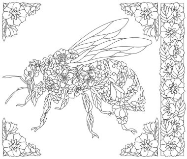 Çiçek arısı. Fantezi hayvan ve çiçek unsurları içeren yetişkin boyama kitabı sayfası