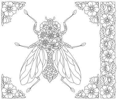 Çiçek sineği. Fantezi hayvan ve çiçek unsurları içeren yetişkin boyama kitabı sayfası