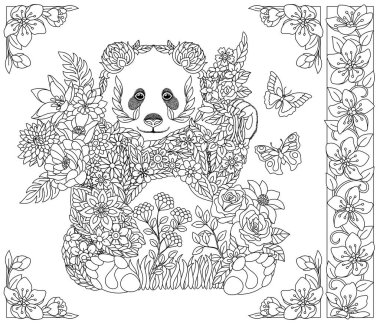 Floral panda bear. Adult coloring book page with fantasy animal and flower elements clipart