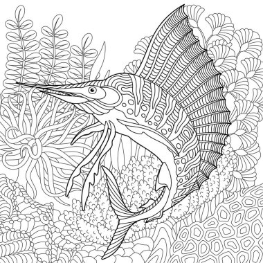 Bir kılıçbalığı ile sualtı sahnesi. Erişkin boyama kitabı sayfası. Karmaşık mandala ve zenkarga elementleriyle.
