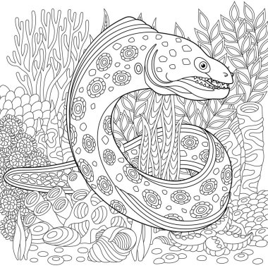 Underwater scene with a moray eel. Adult coloring book page with intricate mandala and zentangle elements clipart