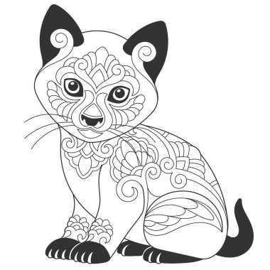 Şirin kedi tasarımı. Mandala ve zentangle süsleriyle hayvan boyama sayfası