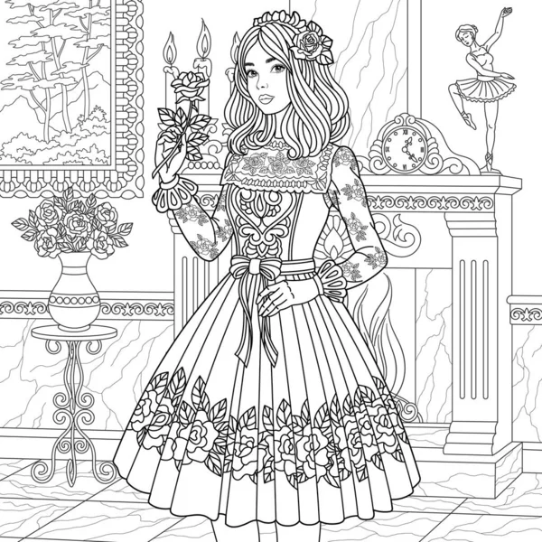 漂亮的女孩穿着博豪古式的衣服 成人彩色书页 附有曼陀罗和花卉元素 — 图库矢量图片