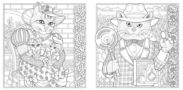 ヴィクトリア様式の猫の男と女 花のフレームと大人のぬり絵のページ — ストックベクタ