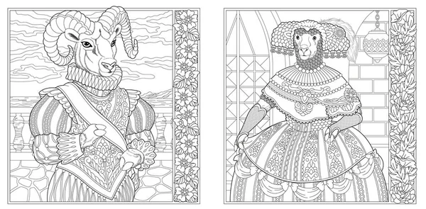Ziegenmann Und Schafsfrau Viktorianischen Stil Erwachsene Malbuchseiten Mit Floralen Rahmen — Stockvektor