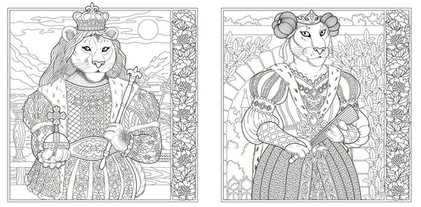 ビクトリア朝様式のライオンの男と雌ライオン 花のフレームと大人のぬり絵のページ — ストックベクタ