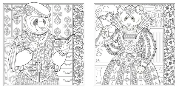 Viktorianischen Stil Panda Mann Und Frau Erwachsene Malbuchseiten Mit Floralen — Stockvektor