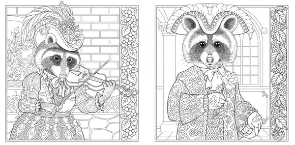ビクトリア朝のスタイルのアライグマ男と女 花のフレームと大人のぬり絵のページ — ストックベクタ