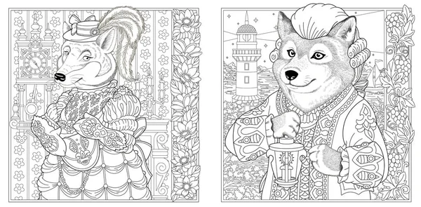 ヴィクトリア様式の狼男と女 花のフレームと大人のぬり絵のページ — ストックベクタ