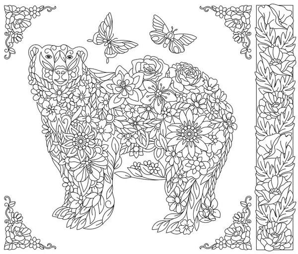 Květinový Lední Medvěd Dospělí Omalovánky Stránka Fantasy Živočišné Květinové Prvky — Stockový vektor