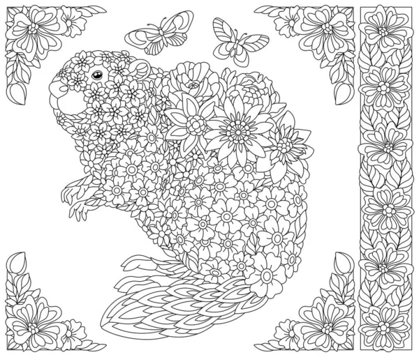 Castor Floral Livre Coloriage Adulte Avec Éléments Animaux Fleurs Fantaisie — Image vectorielle