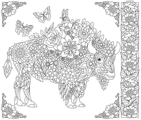 Çiçekli Bizon Fantezi Hayvan Çiçek Unsurları Içeren Yetişkin Boyama Kitabı — Stok Vektör