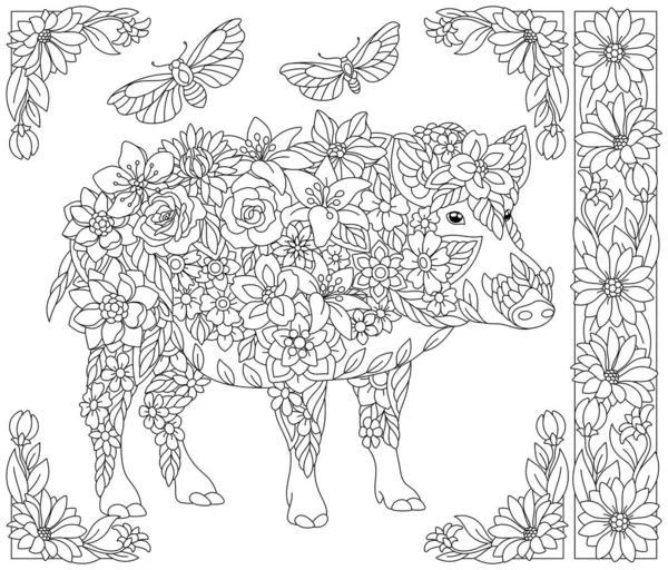 Cerdo Floral Libro Para Colorear Para Adultos Página Con Animales — Vector de stock