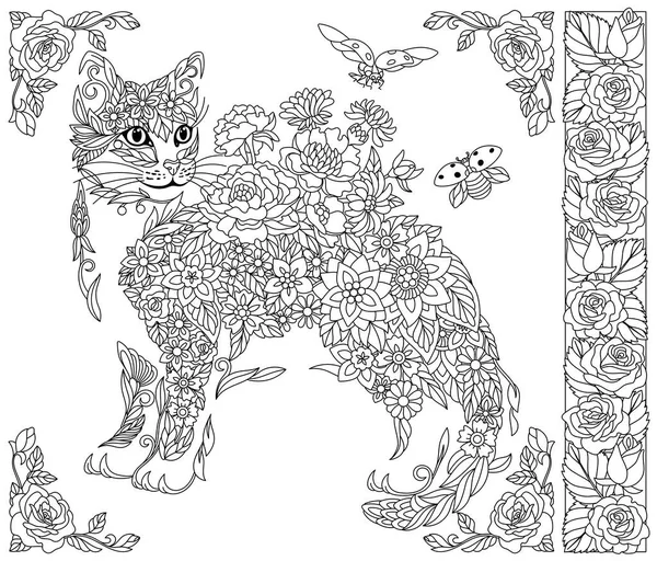 Цветочный Кот Книга Раскраски Взрослых Элементами Фантазии Животных Цветов — стоковый вектор