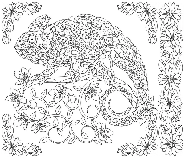 花变色龙蜥蜴 成人着色书页 幻想动物和花卉元素 — 图库矢量图片