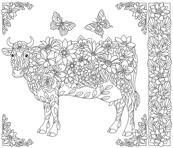 Květinová Kráva Dospělí Omalovánky Stránka Fantasy Živočišné Květinové Prvky — Stockový vektor