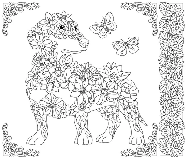 Floraler Dackel Erwachsene Malbuchseite Mit Fantasie Tier Und Blumenelementen — Stockvektor