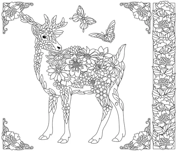Blomsterfawn Vuxen Teckningar För Barn Uppkopplad Med Fantasi Djur Och — Stock vektor