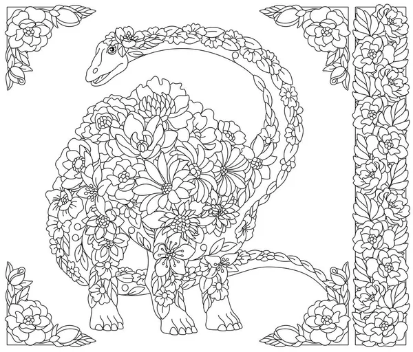 Квітковий Динозавр Сторінка Дорослих Розмальовок Фентезійними Тваринами Елементами Квітів — стоковий вектор