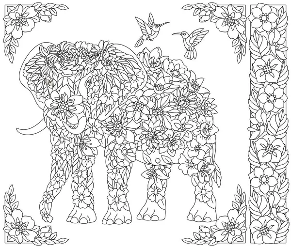 Floral Elephant Adult Coloring Book Page Fantasy Animal Flower Elements — Stock Vector