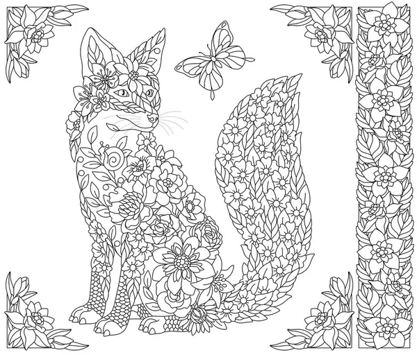 Квіткова Лисиця Сторінка Дорослих Розмальовок Фентезійними Тваринами Елементами Квітів — стоковий вектор