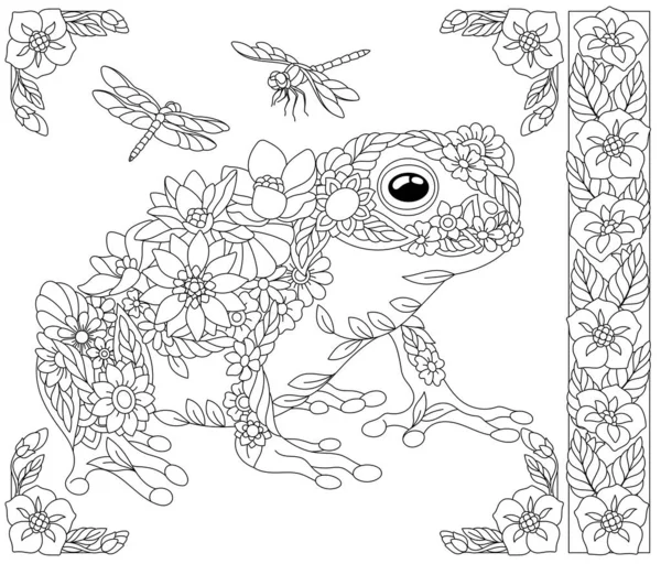 Květinová Žába Dospělí Omalovánky Stránka Fantasy Živočišné Květinové Prvky — Stockový vektor