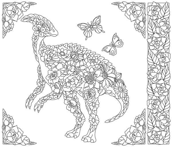 Floral Hadrosaurus Dinosaur Adult Coloring Book Page Fantasy Animal Flower — Stock Vector
