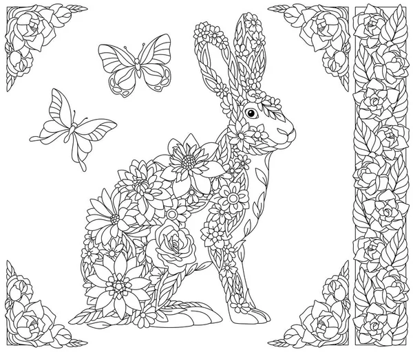 Çiçekli Tavşan Fantezi Hayvan Çiçek Unsurları Içeren Yetişkin Boyama Kitabı — Stok Vektör