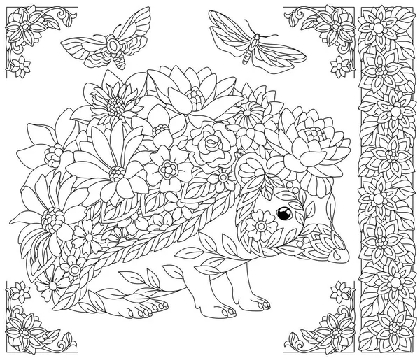 Floral Hedgehog Adult Coloring Book Page Fantasy Animal Flower Elements — Stock Vector
