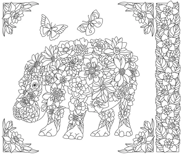 植物的嬉皮士 成人着色书页 幻想动物和花卉元素 — 图库矢量图片