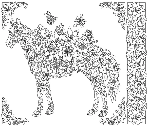Florales Pferd Erwachsene Malbuchseite Mit Fantasie Tier Und Blumenelementen — Stockvektor