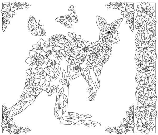 Kangourou Floral Livre Coloriage Adulte Avec Éléments Animaux Fleurs Fantaisie — Image vectorielle