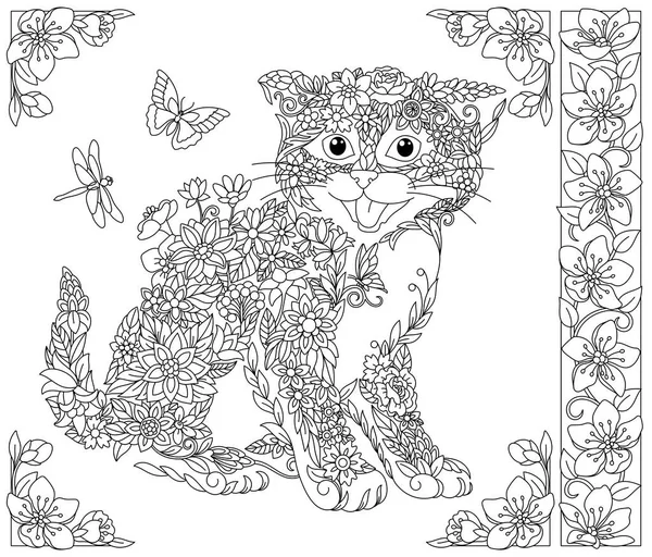 花の子猫 ファンタジー動物や花の要素と大人のぬり絵のページ — ストックベクタ