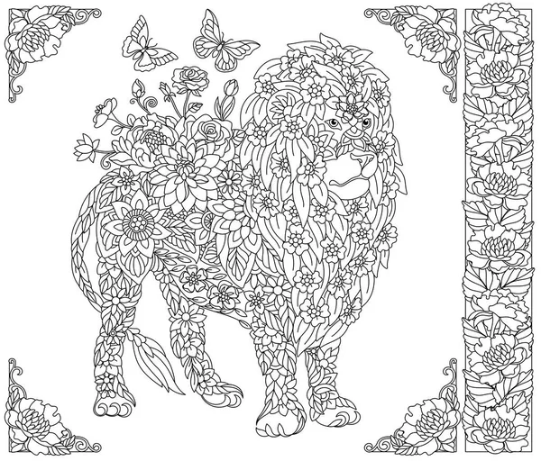 Цветочный Лев Книга Раскраски Взрослых Элементами Фантазии Животных Цветов — стоковый вектор