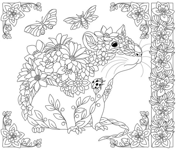 Квіткова Миша Сторінка Дорослих Розмальовок Фентезійними Тваринами Елементами Квітів — стоковий вектор