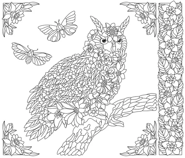 Çiçekli Baykuş Fantezi Hayvan Çiçek Unsurları Içeren Yetişkin Boyama Kitabı — Stok Vektör