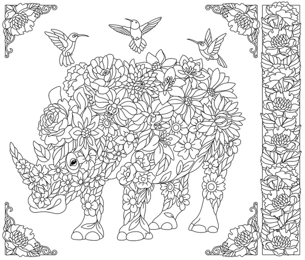 Rinoceronte Floreale Libro Colorare Adulti Con Fantasia Animale Elementi Floreali — Vettoriale Stock
