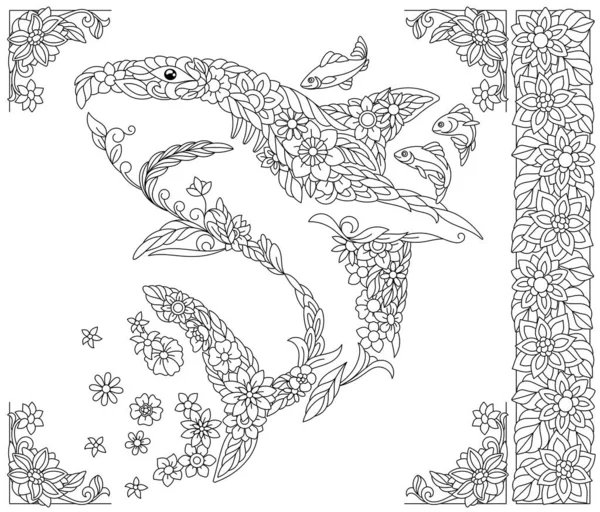 Floraler Hai Erwachsene Malbuchseite Mit Fantasie Tier Und Blumenelementen — Stockvektor